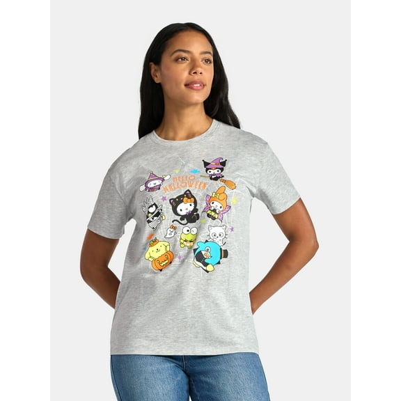 Hello Kitty & Friends Women's Halloween Graphic Tee with Short Sleeves, Sizes XXS-XXL
