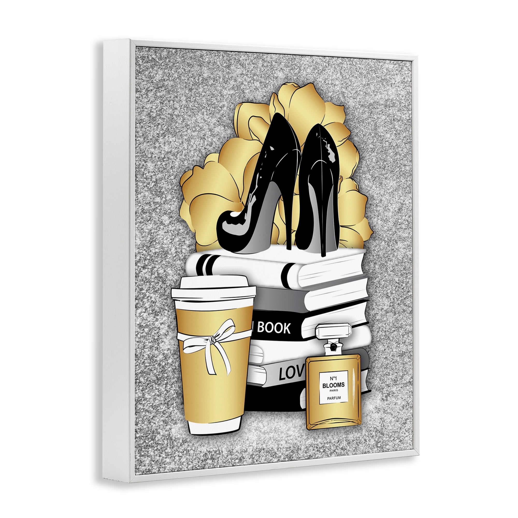 Stupell Industries Gold & Black Glam Books Beauty & Fashion Painting White Framed Art Print Wall Art, 24 x 30