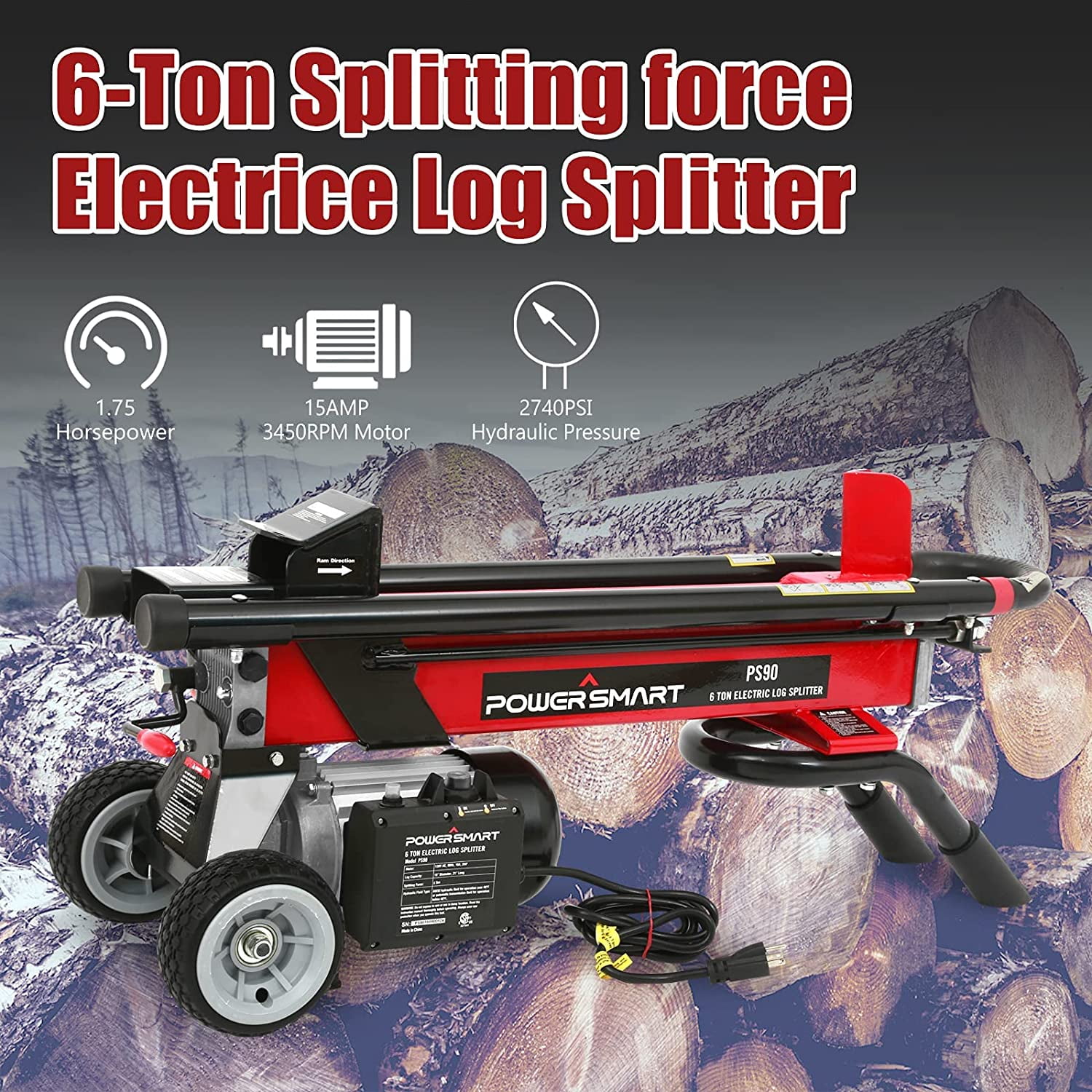 6 Ton Horizontal Electric Wood Splitter, Double Flywheel Electric Log