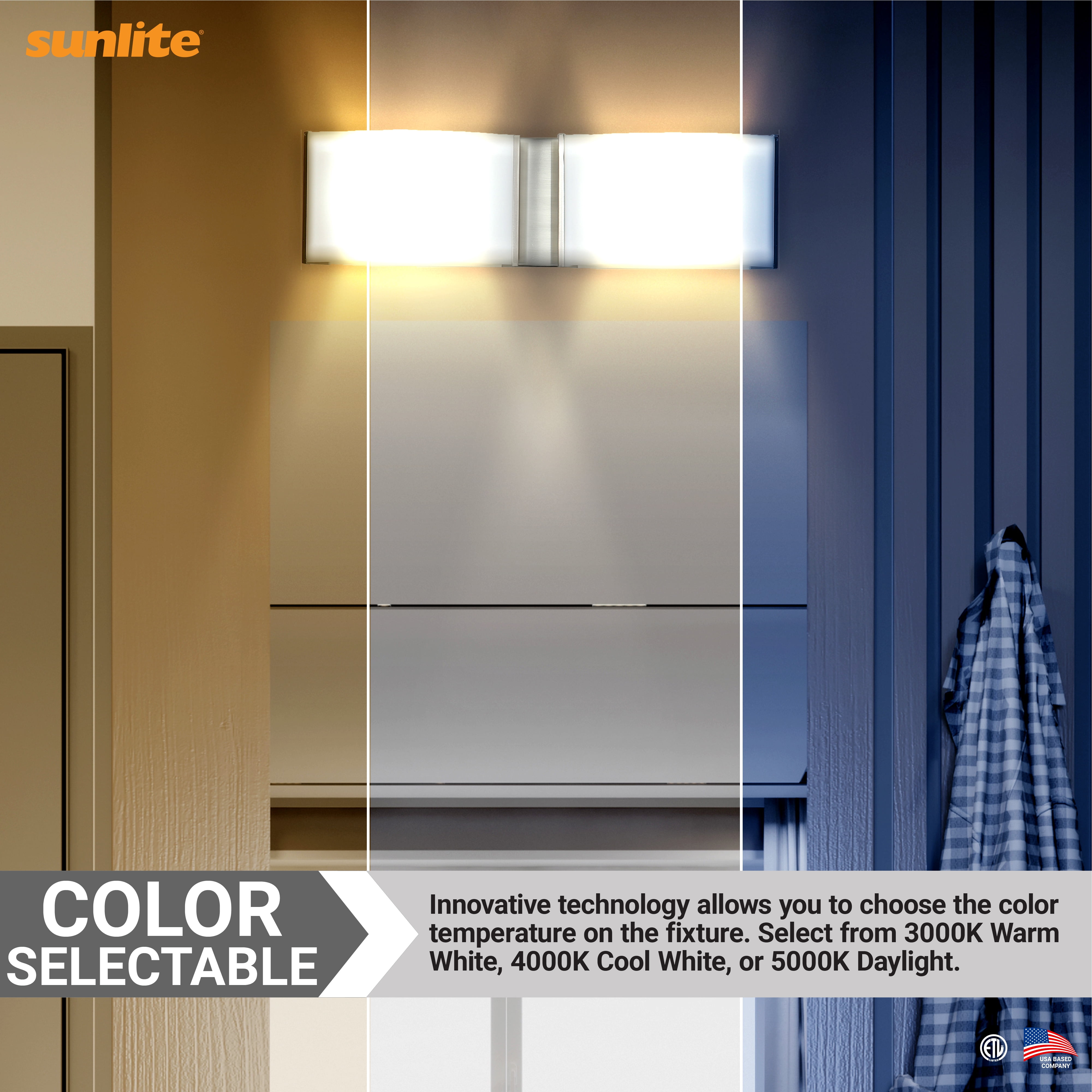 Sunlite 82112 LED Decorative Vanity Light Fixture, 20 Watts, 1300 Lumens, Color Selectable 30K/40K/50K, 2 Lights, Dimmable, 90 CRI, ETL Listed, Brushed Nickel, for Bathroom, Powder Rooms, and Hotels