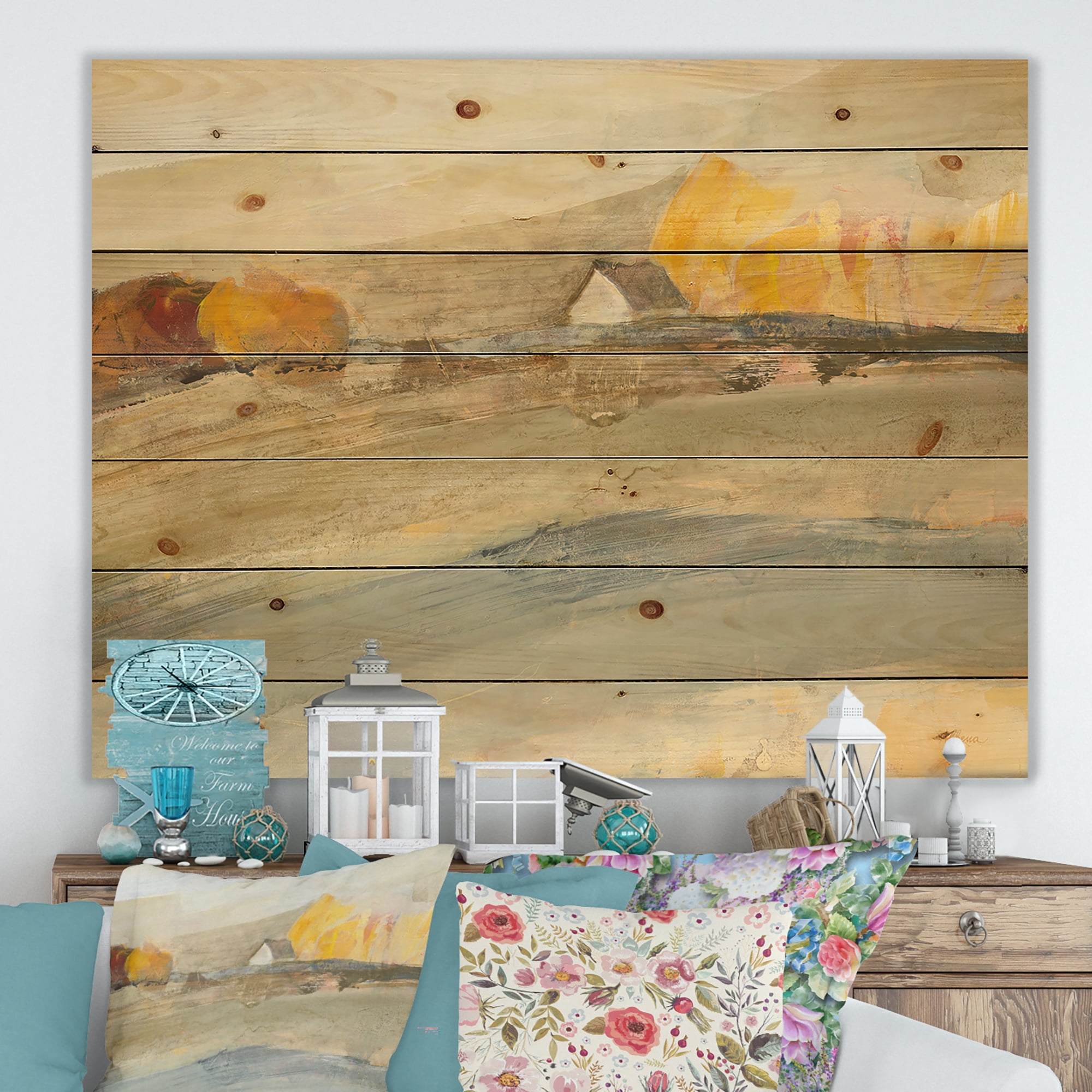 Designart 'Orange Brown Abstract Farm House' Modern Farmhouse Print on Natural Pine Wood