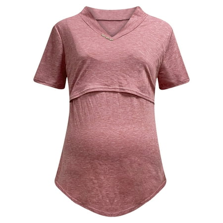

Vivianyo HD Pregnant Plus Size Maternity V-Neck Solid Color Short Sleeve Breast Feeding Pregnant Nursing Blouse Tops T-Shirt Rollbacks Pink