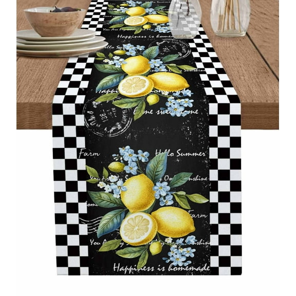 ERUNPONLY Summer Lemon Table Runner - 72 Inch Long Vintage Black Plaid Blue Spring Floral Cotton and Linen Blended Dress Scarves Farmhouse Table Runner for Kitchen Dining, Coffee Table, 14"x72"