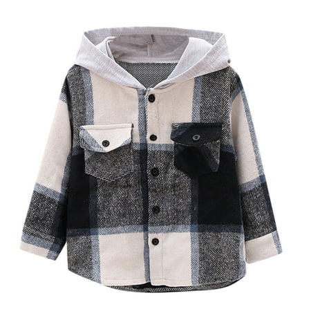 

nsendm Hooded Jacket Kids Toddler Baby Boys Girls Flannel Shirt Jacket Plaid Patchwork Long Sleeve Lapel Boys Jacket Size 8 Outerwear Black 5-6 Years