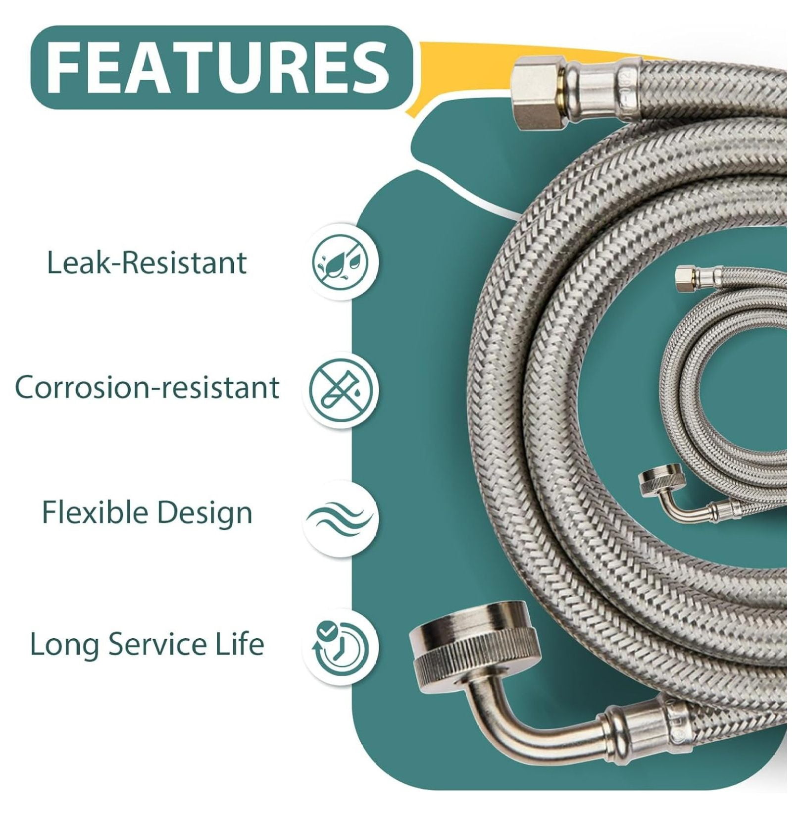 2-PACK 10 FT Stainless Steel Dishwasher Hose with 90 Degree FGH Elbow, 3/8" Comp x 3/4” FHT Water Supply Line