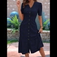 thumbnail image 4 of Vestido Veraniego Informal de Corta con Cuello en V para Mujer, con Botones y Estampado Floral, y Bolsillos Azul Marino L, 4 of 5