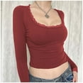 thumbnail image 2 of Women's Long Sleeve T Shirt Spliced Lace Neck Crop Design for Everyday Wear, 2 of 7