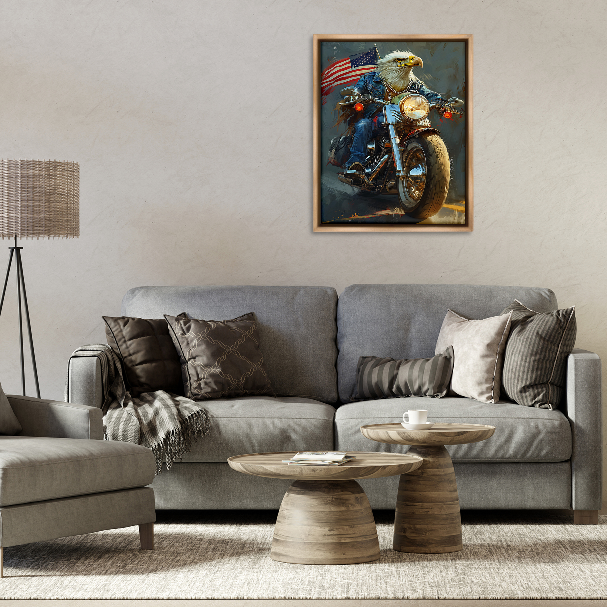 Stupell Industries Patriotic Eagle Motorcycle Transportation Painting Brown Floater Framed Canvas Art Print Wall Art, 25 x 31