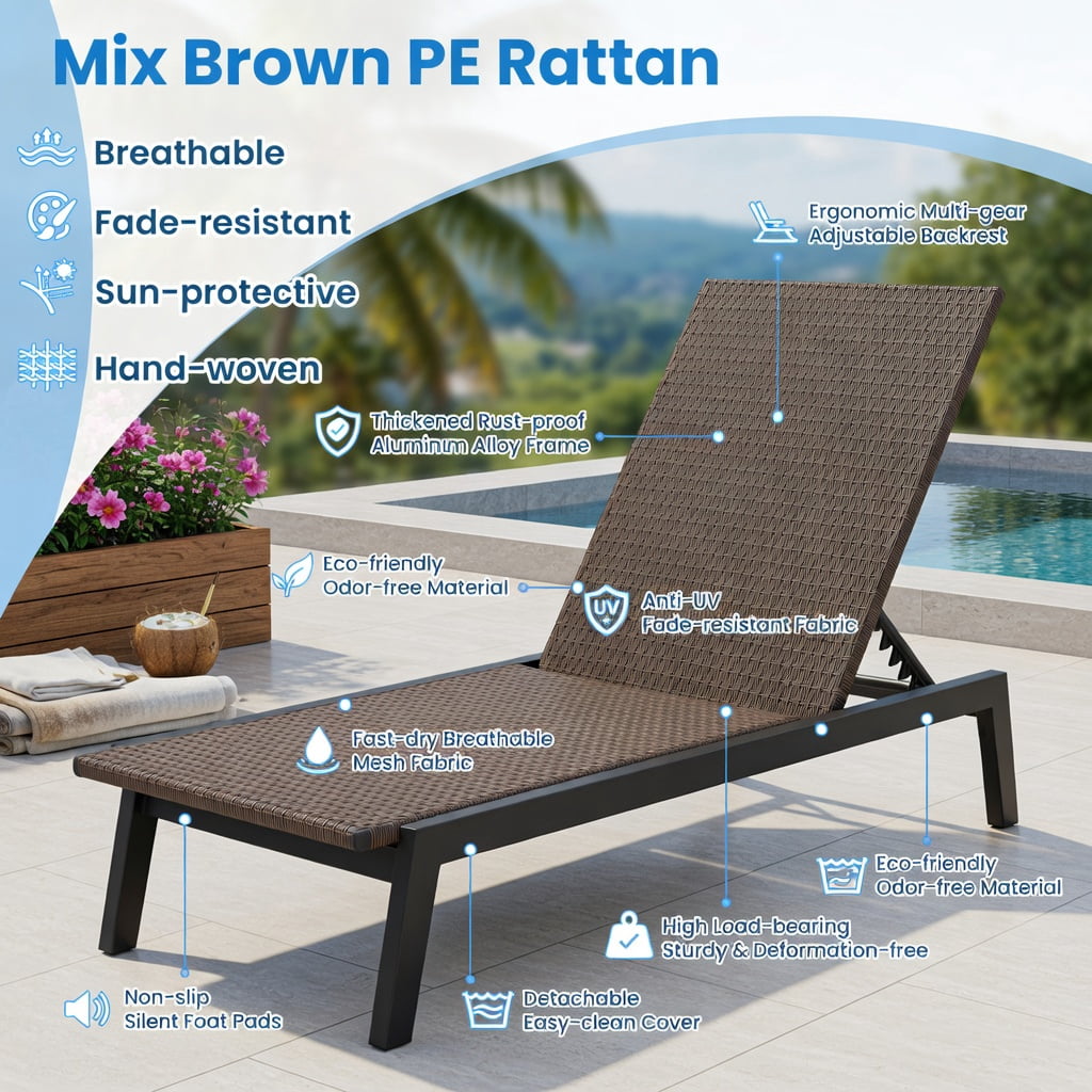 Hommoo Adjustable PE Wicker Chaise Lounge Chair with Wheels， Heavy-Duty 400 lb Capacity for Poolside, Patio, Backyard & Deck, Brown