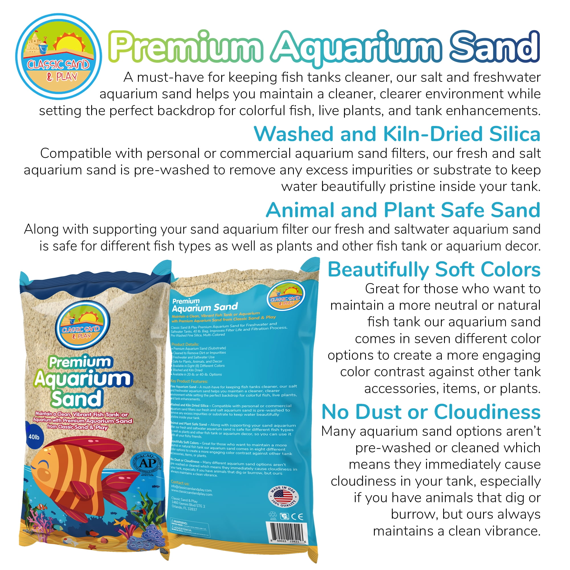 CLASSIC SAND & PLAY Natural Aquarium Sand for Freshwater and Saltwater Tanks, 40 lb. Bag