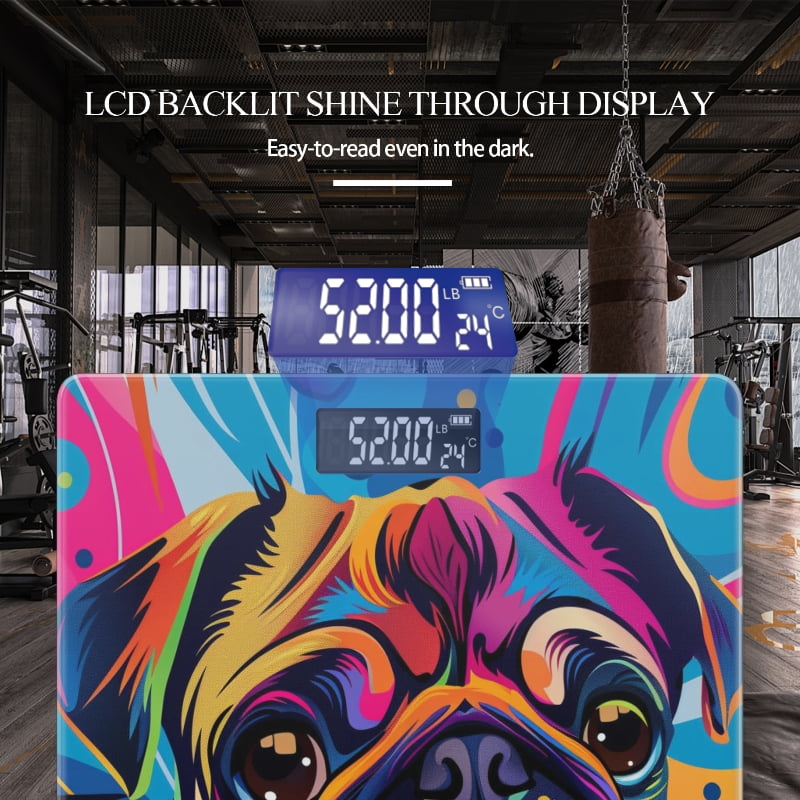 Bathroom Scale, Highly Accurate Digital Body Scale,Precisely Measures Weight up to 400 lbs-Colorful Pug, With Vibrant Colors And Colorful Background