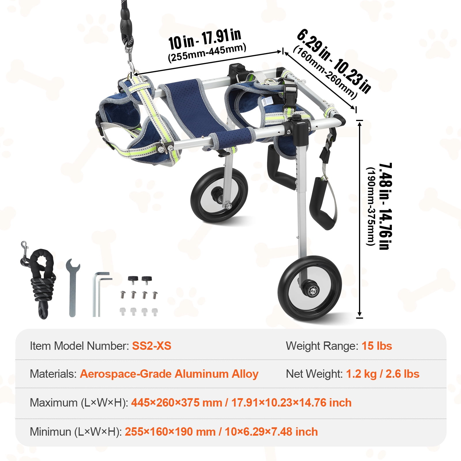 KFFKFF Pet Mobility Cart for Rear Legs, Lightweight & Customizable Support for Rehabilitation, Suitable for Pets with Injuries, Disabilities, or Weakness in Hind Legs (XS)