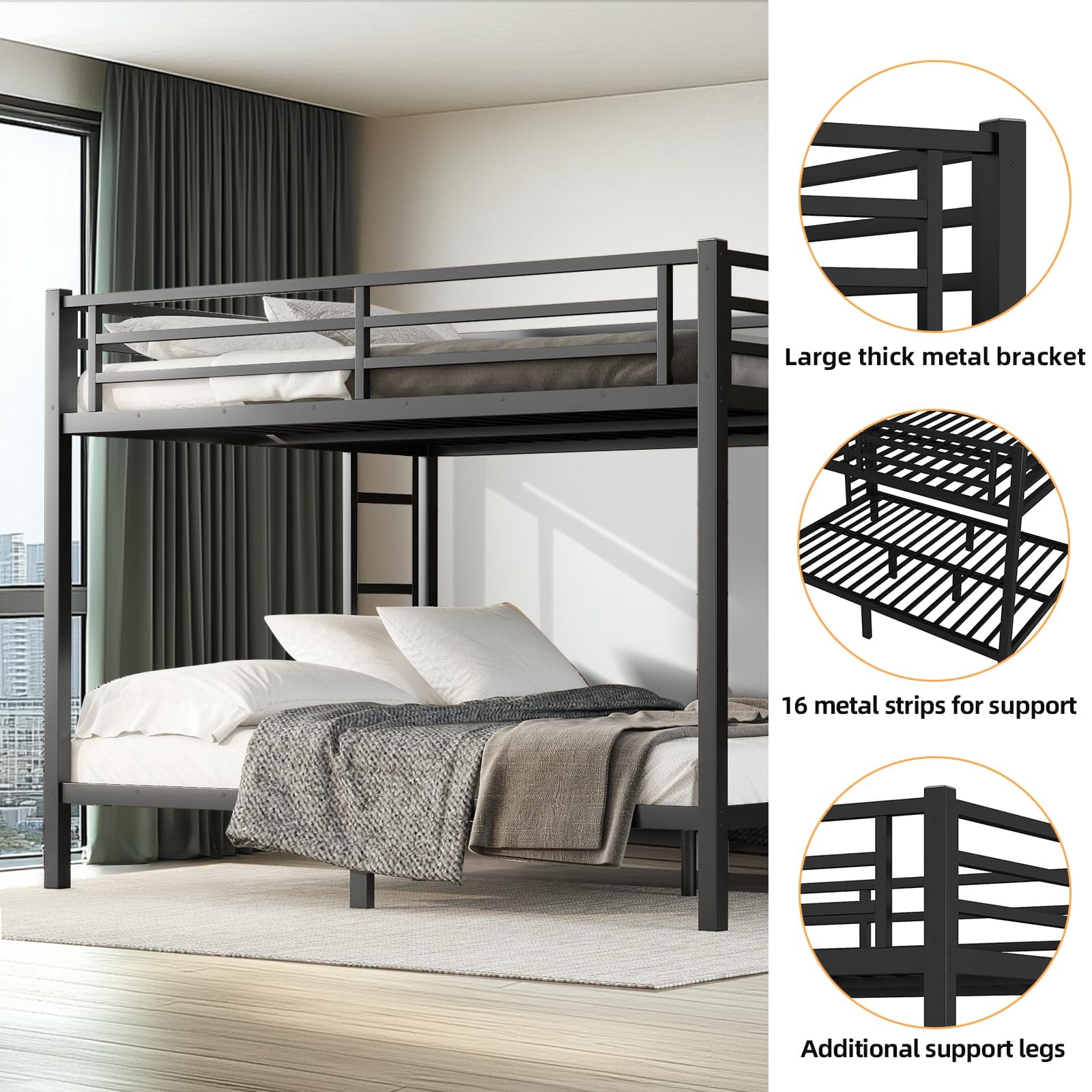 Miniyam Queen over Queen Metal Bunk Bed, Heavy-Duty Steel Frame for Adults with Safety Guardrails, Black