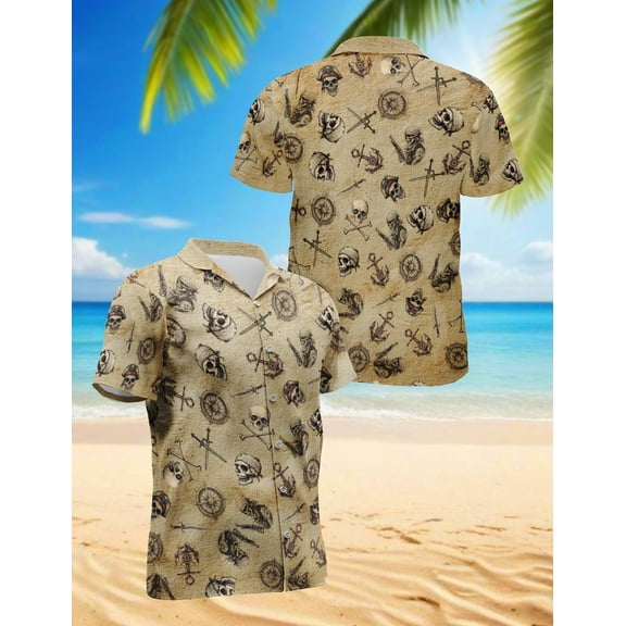 Pirate Skull Hawaiian Shirt for Men, Vintage Style, Button Down Summer Beach Short Sleeve, S-5XL