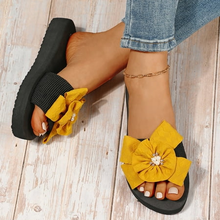 

FZM Women shoes Slippers For Women Ladies Summer Bohemian Bow Flowers Decoration Sandals Open Toe Beach Slippers Casual Shoes