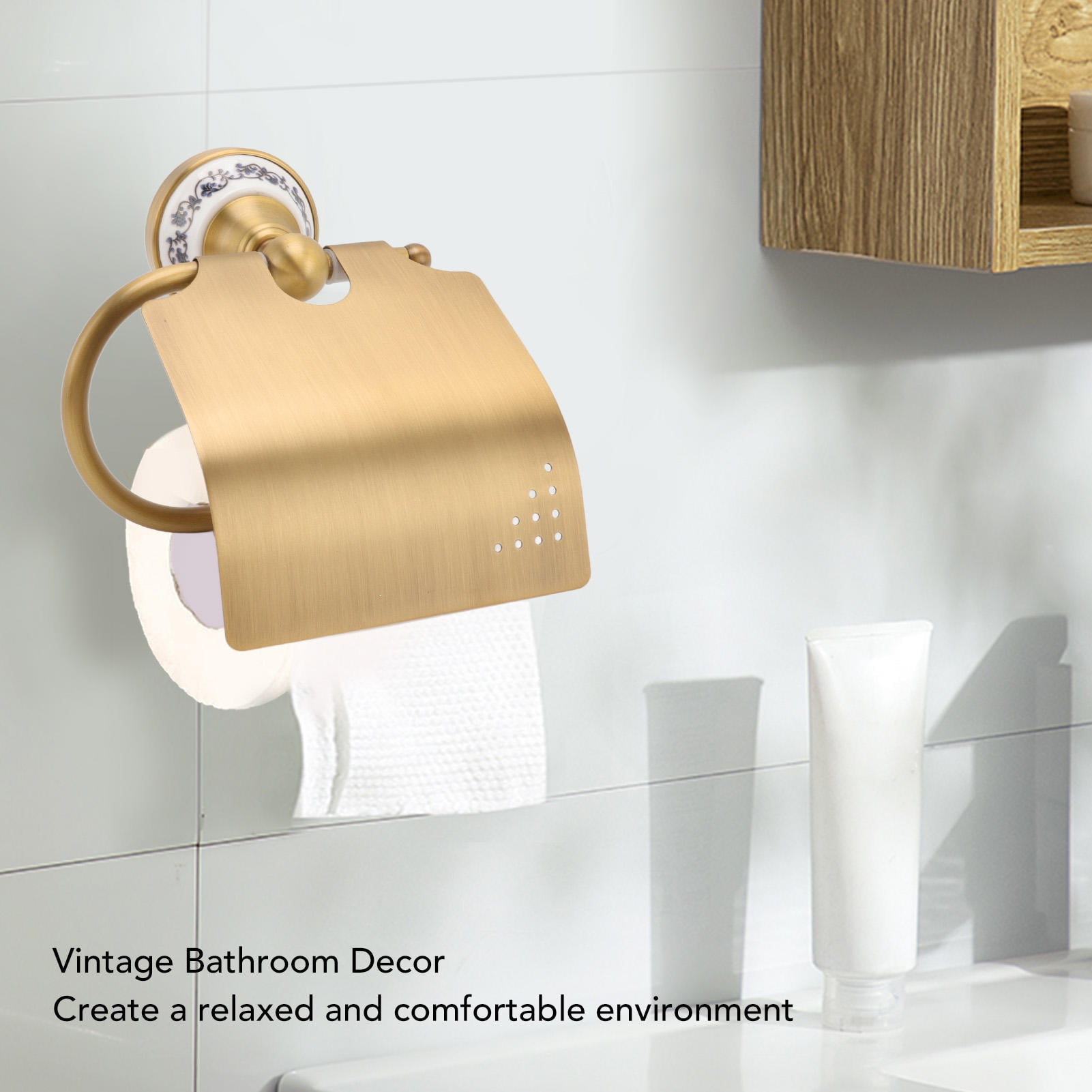BIMZUC Vintage Blue & White Porcelain Toilet Paper Holder – Brass & Stainless Steel Wall‑Mounted Rack for Bathroom