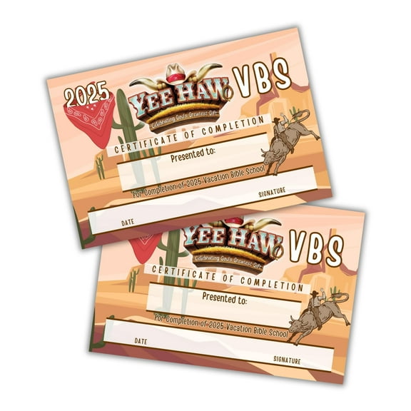 Lashicorn 2025 VBS YeeHaw Certificate of Completion 50pk 6x9 Country Vacation Bible School Award Participation Celebrating Gods Greatest Gift Groups Weekend Wild West