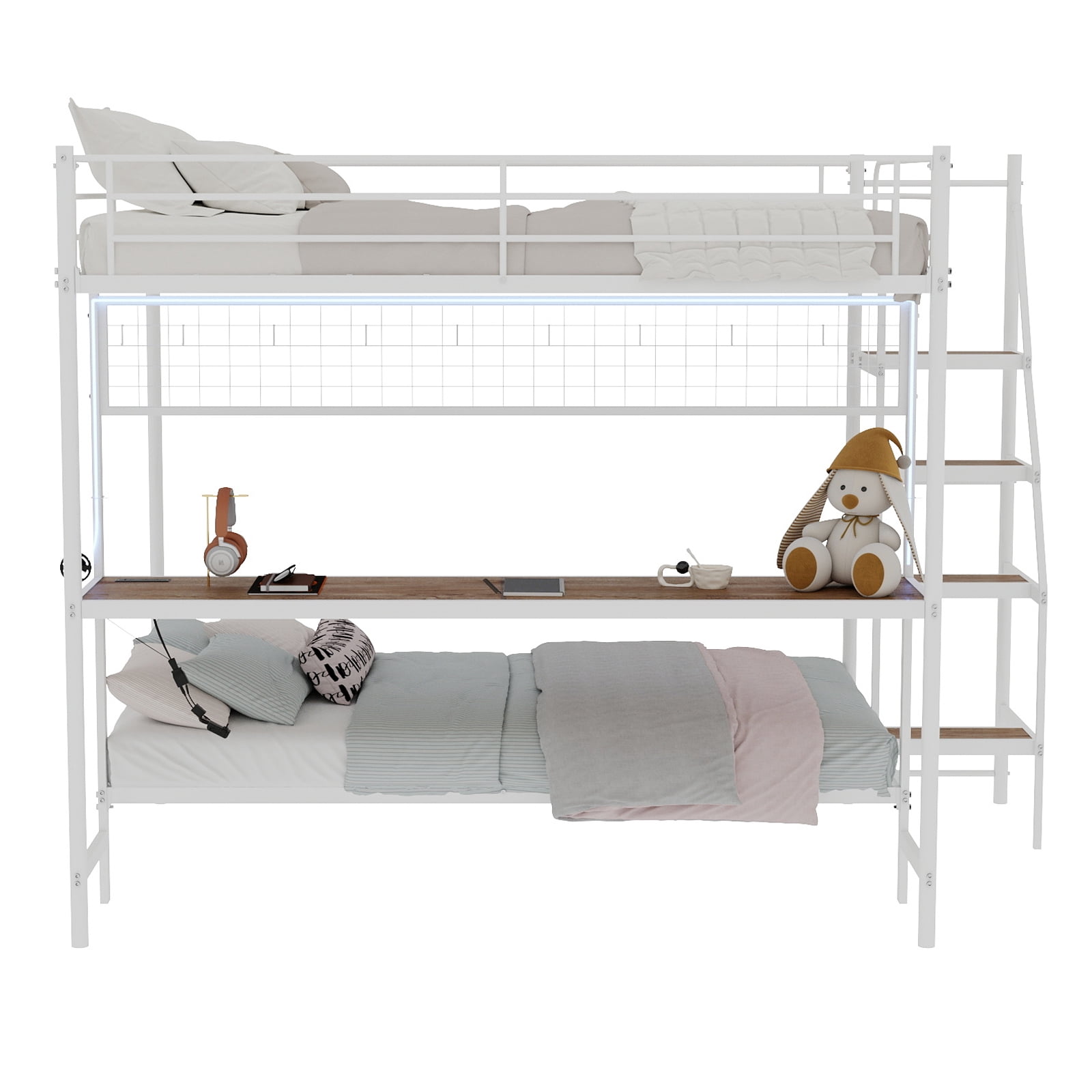 Mintazer Twin Over Twin Metal Bunk Bed with Desk, LED Light & Power Outlet, Bunk Bed Frame with Guardrails and Ladder for Kids Teens Bedroom Dorm Apartment, White