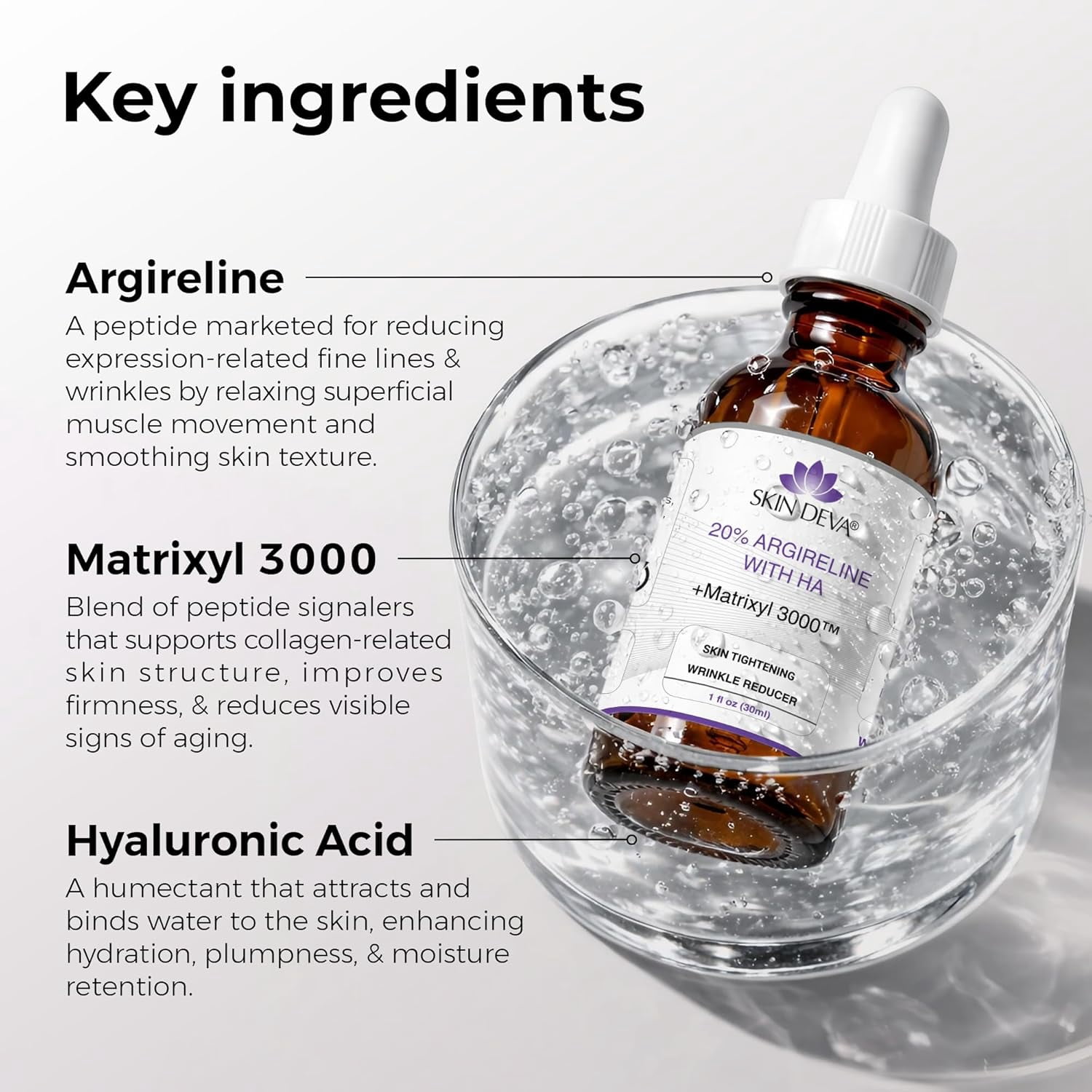 Skin Deva 20% Argireline Matrixyl Serum with Hyaluronic Acid for Hydration, Firmness & Smoother-Looking Skin, 1 oz
