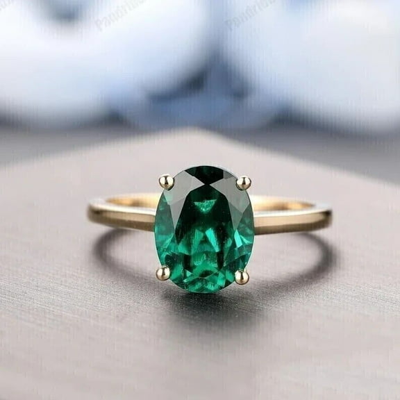 1. 5 Ct Oval Cut Simulated Green Emerald 4 Prong Solitaire Ring 14K Yellow Gold Plated -10
