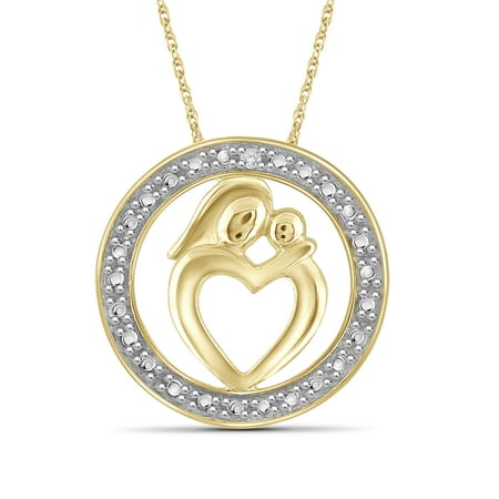 Diamond Accented Circle Pendant - White Diamond Accent Gold over Silver Mother and Child Heart with Circle Pendant