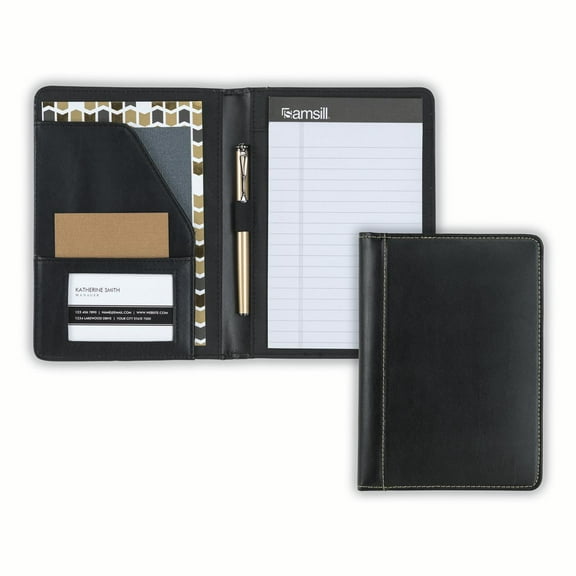 Samsill Contrast Stitch Leather Junior Padfolio, 5"x8" Black