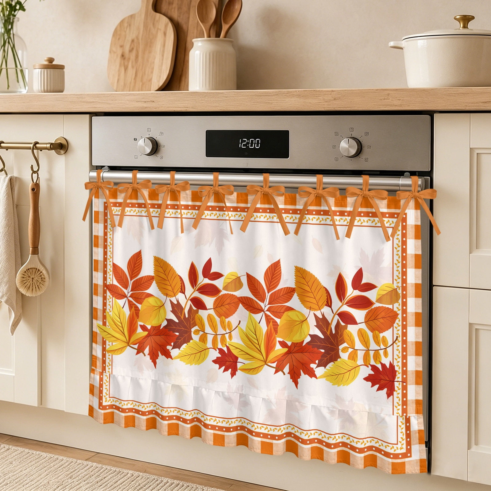 Thanksgiving Leaves Oven Skirt Curtain Fall Maple Leaf Retro Orange Plaid Tie Top Tier Curtains Stove Dishwasher Skirt Small Window Drapes for Kitchen Bathroom Cafe 27 x20
