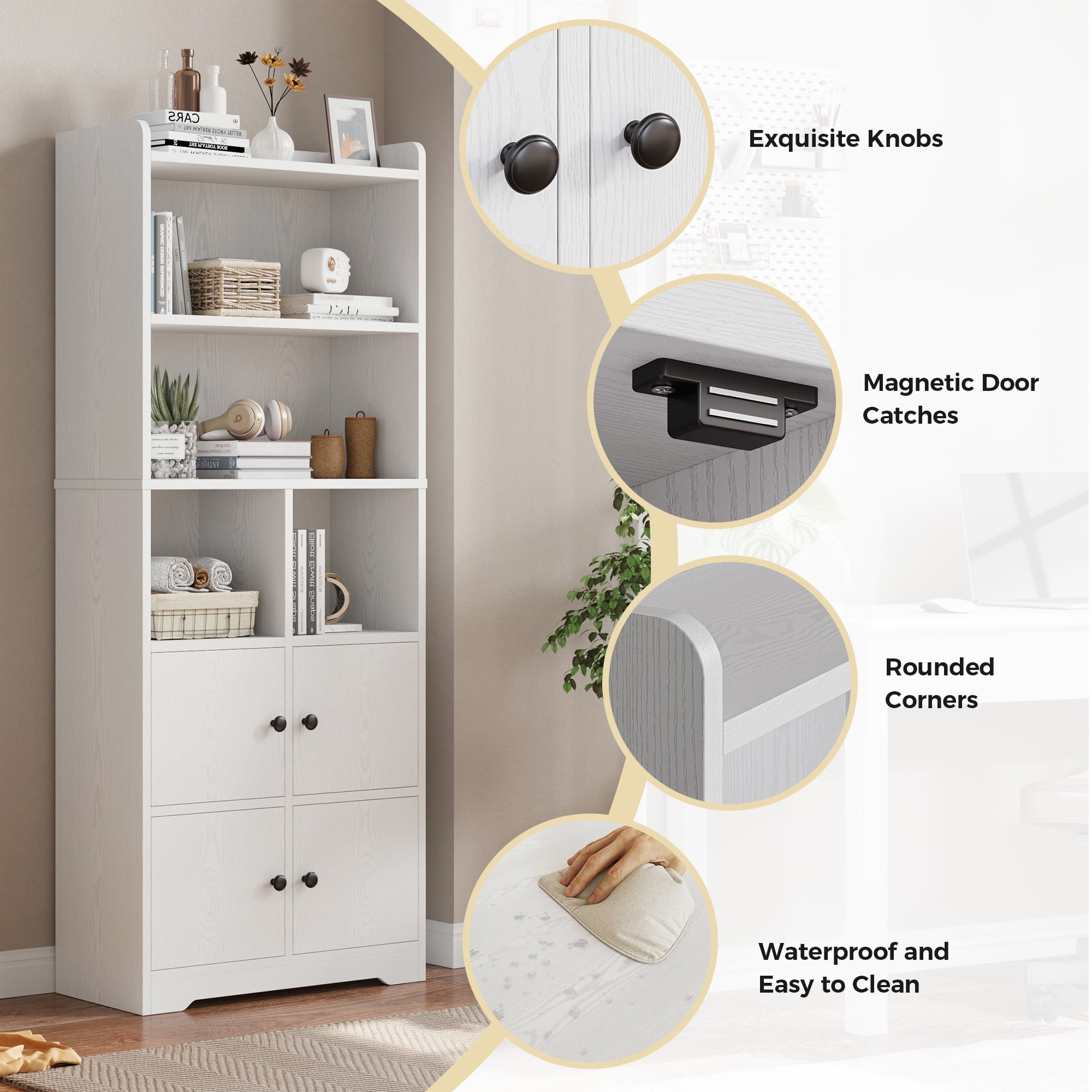 IRONCK 5-Tier Bookcases with Doors, 63" Tall Cube Storage Shelf, Freestanding Bookshelf for Home Office Living Room, White