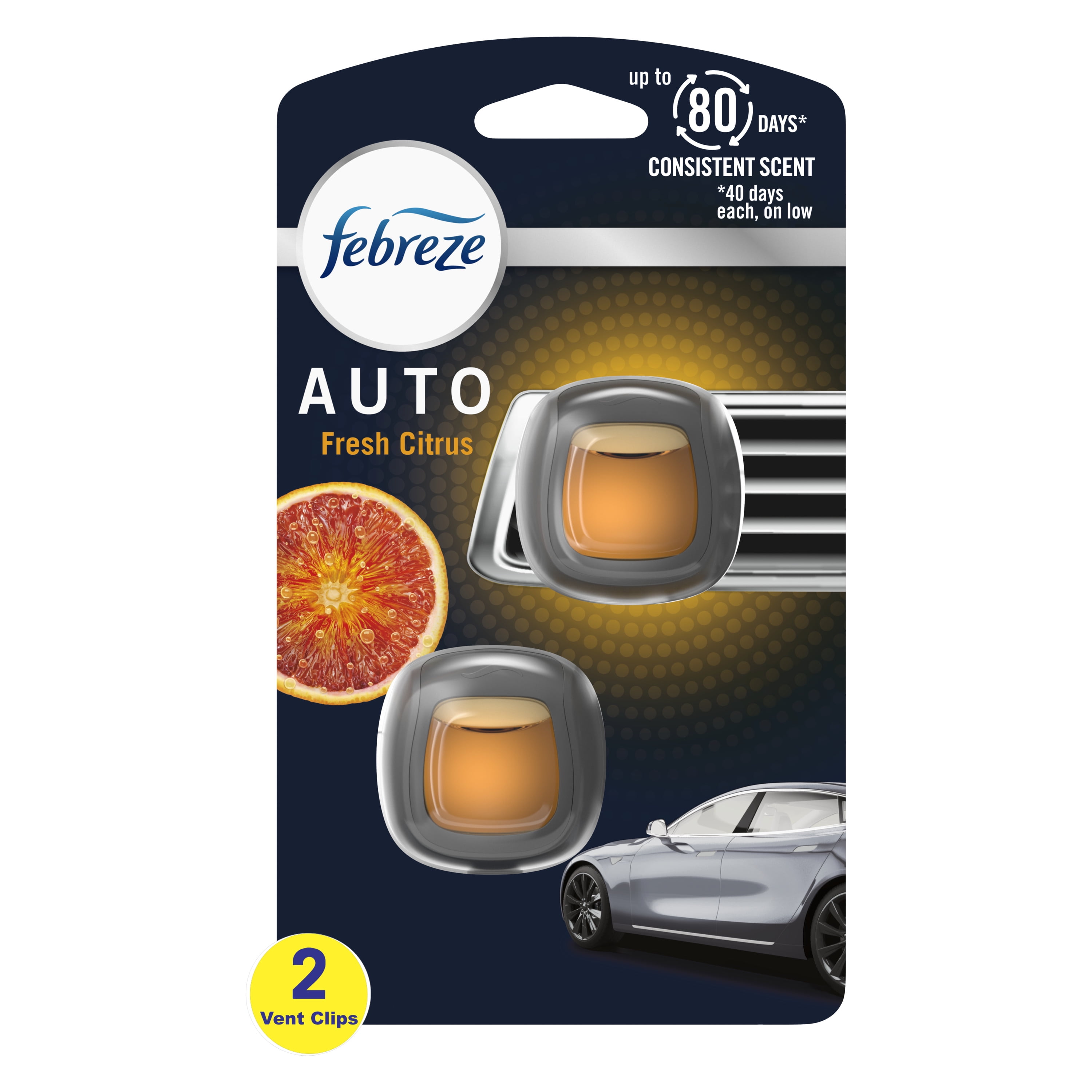 Febreze AUTO Air Freshener Vent Clip Fresh Citrus Scent, .06 oz. Car Vent Clip, Pack of 2