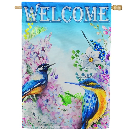 America Forever Hello Spring Summer Welcome Bluebirds and Lilac House Flag 28 x 40 inch Double Sided Floral Birds Outdoor Yard Seasonal Decorative Flag