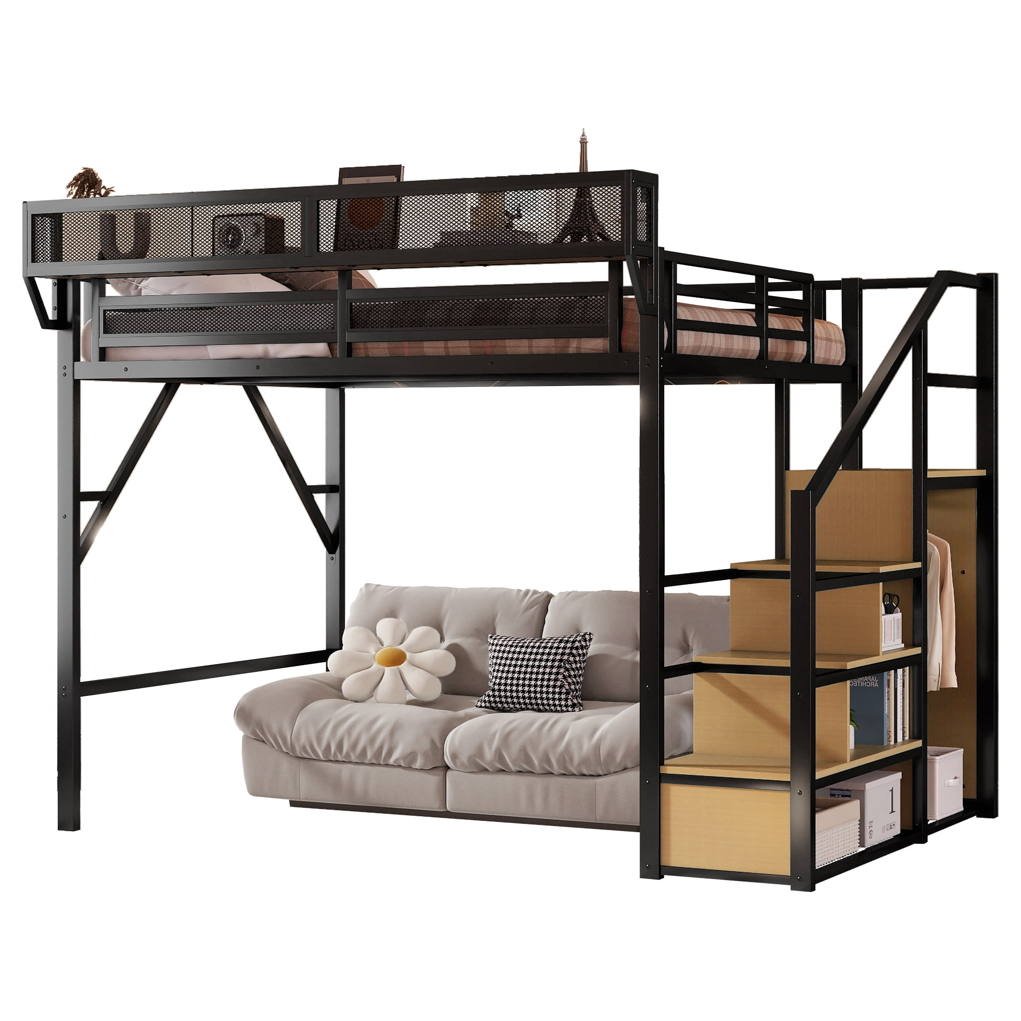 Mirightone Queen Heavy Duty Metal Loft Bed with Stairs, 800 lb Capacity, Storage Shelves and Wardrobe, Black