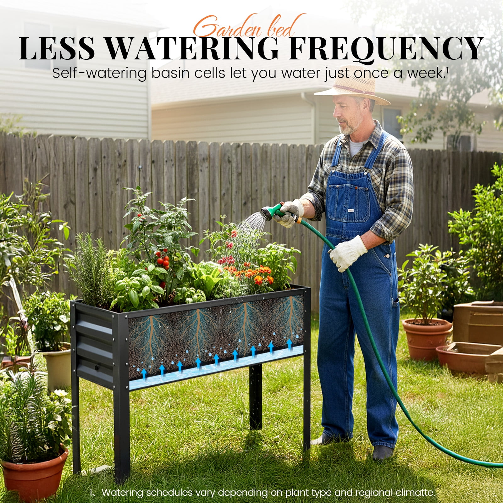 King Bird Galvanized Steel Raised Garden Bed Kit, 48.4"x17"x31.5" Metal Planter Box with Self-Watering Basin Cells, Tall Elevated Garden Bed for Vegetables & Flowers Deep Gray
