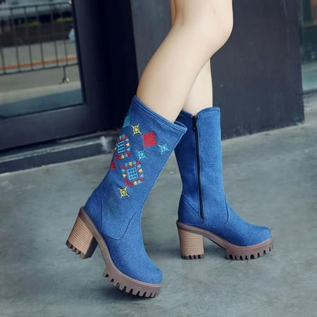 

Tdoqot Winter Boots for Women- Casual Chunky Heel Christmas Gifts Mid-Heel Women s Mid Calf Boots Dark Blue 39