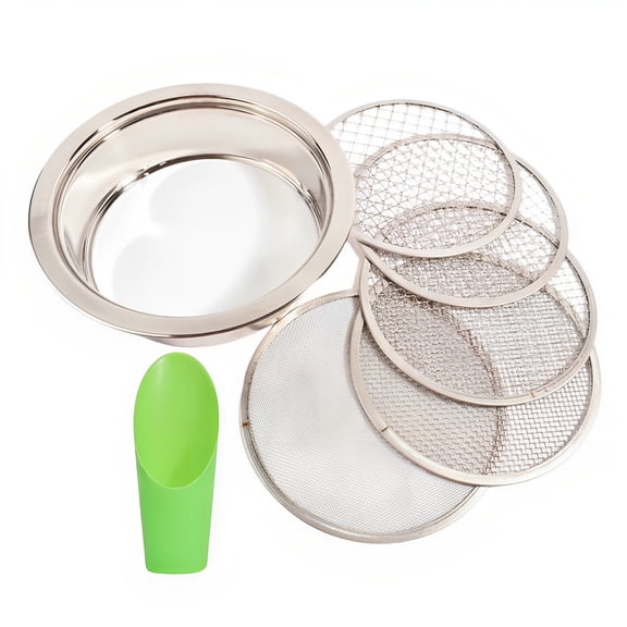 6-Piece Soil Sifter Set for Garden, Stainless Steel Soil Sieve with 5 Mesh Inserts (1, 3, 6, 9, 12 mm), Long-lasting Garden Soil Sifter for Rocks and Sand, Includes Sifting Pan & Plastic Shovel