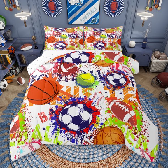 Manfei Football Basketball Rugby Bedding Comforter Set,Watercolor Splatter Ink Twin Comforter Sets,Boys Ball Game Bedding Set For Boys Kids,Luxury Bedroom Decor Reversible,2-Piece