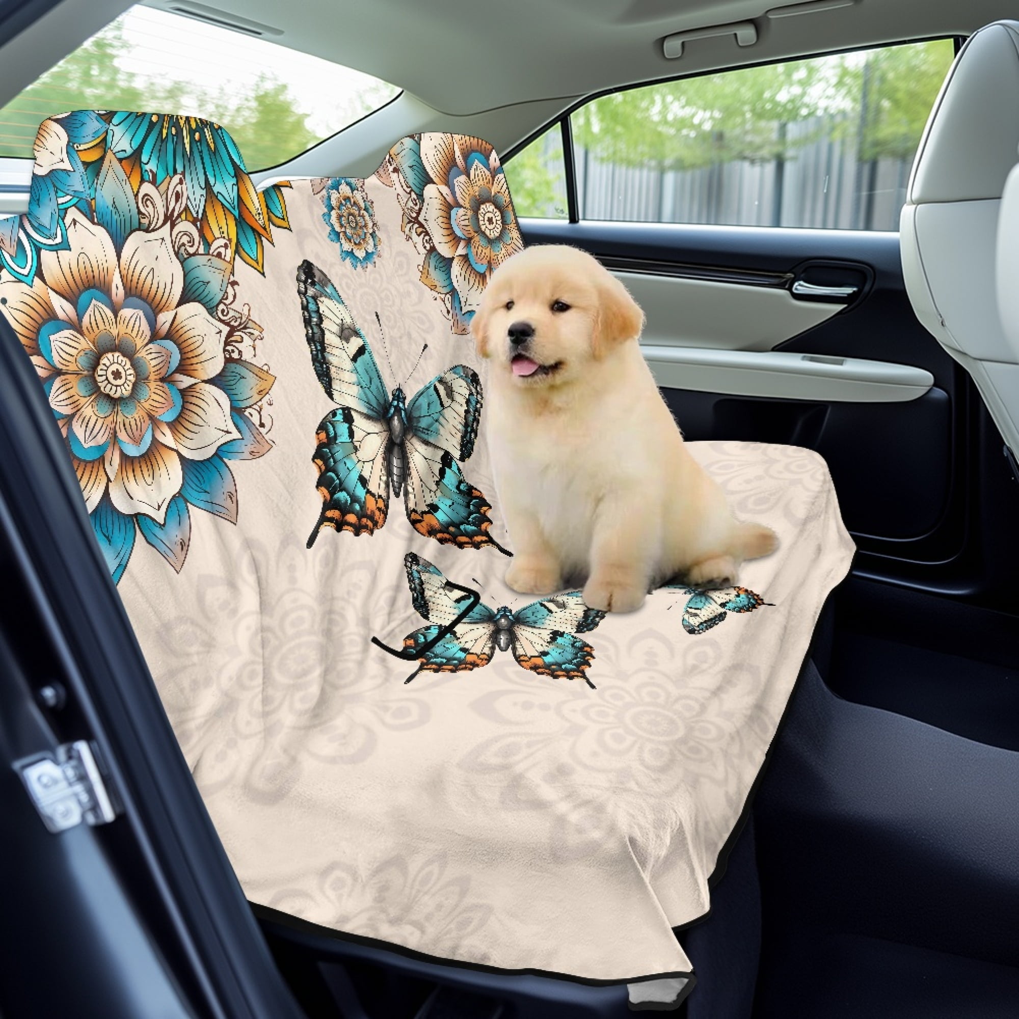 Drydeepin Butterfly Boho Mandala Pattern Car Back Seat Cover, Rear Bench Seat Towel Cover Breathable Non-Slip Rear Seat Cover Universal Fit for Sedans SUVs Truck Auto Interior Decor