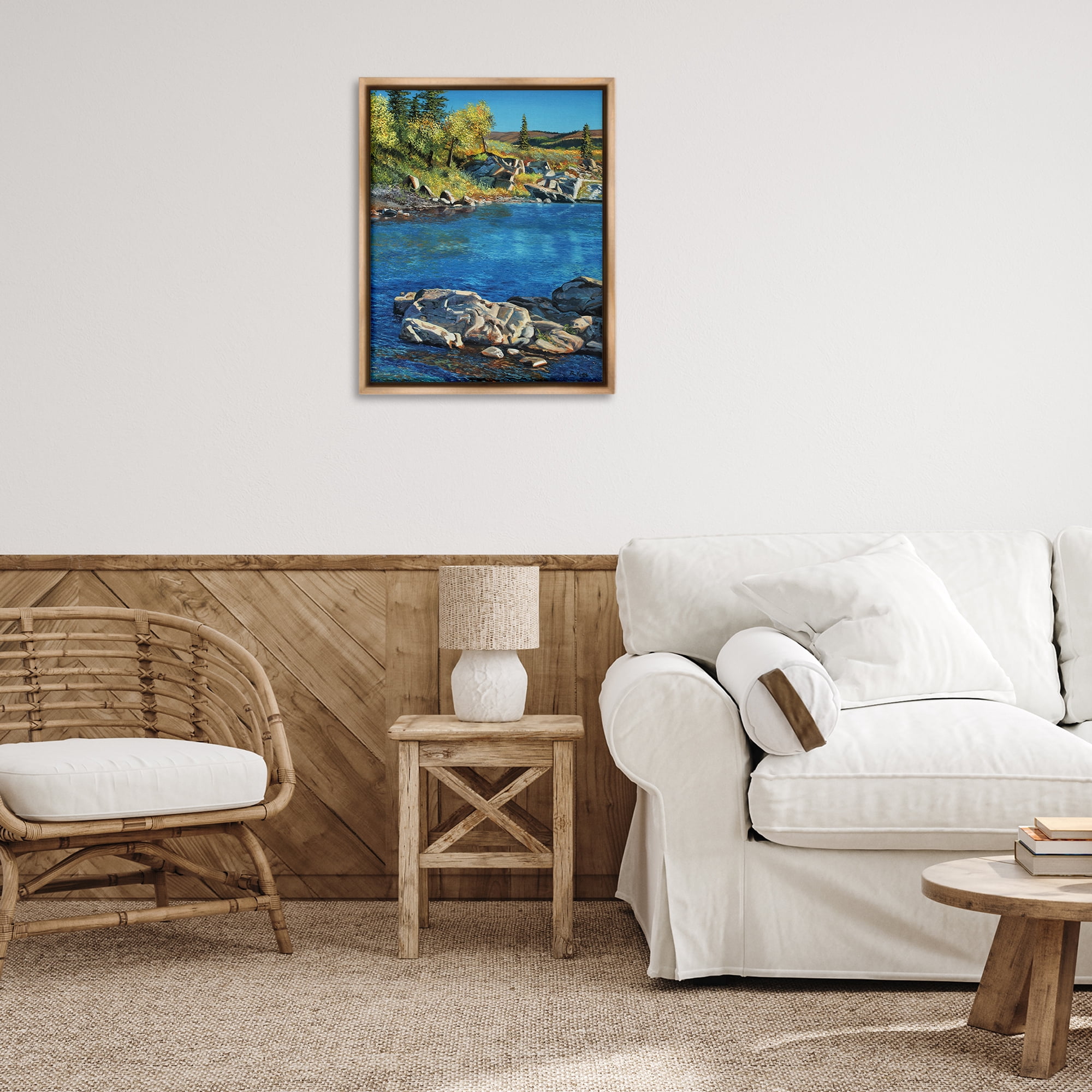 Stupell Industries Rocky River Landscape Landscape & Nature Painting Brown Floater Framed Canvas Art Print Wall Art, 25 x 31