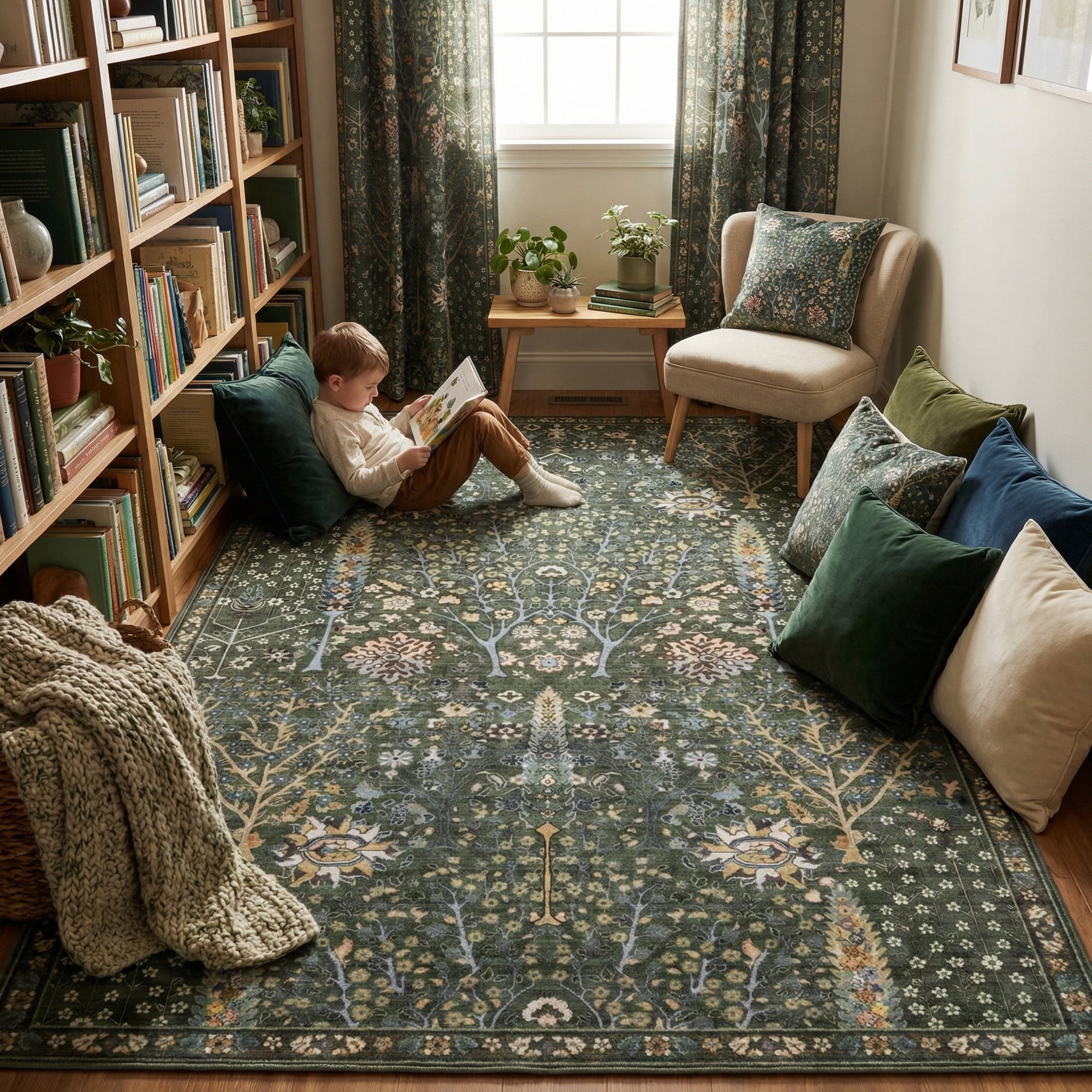 Washable Oriental Rug, 6x9 Sage green Boho Botanical Floral Vintage Carpet, Soft Large Indoor Rug for Living Room, Bedroom, Office, Playroom