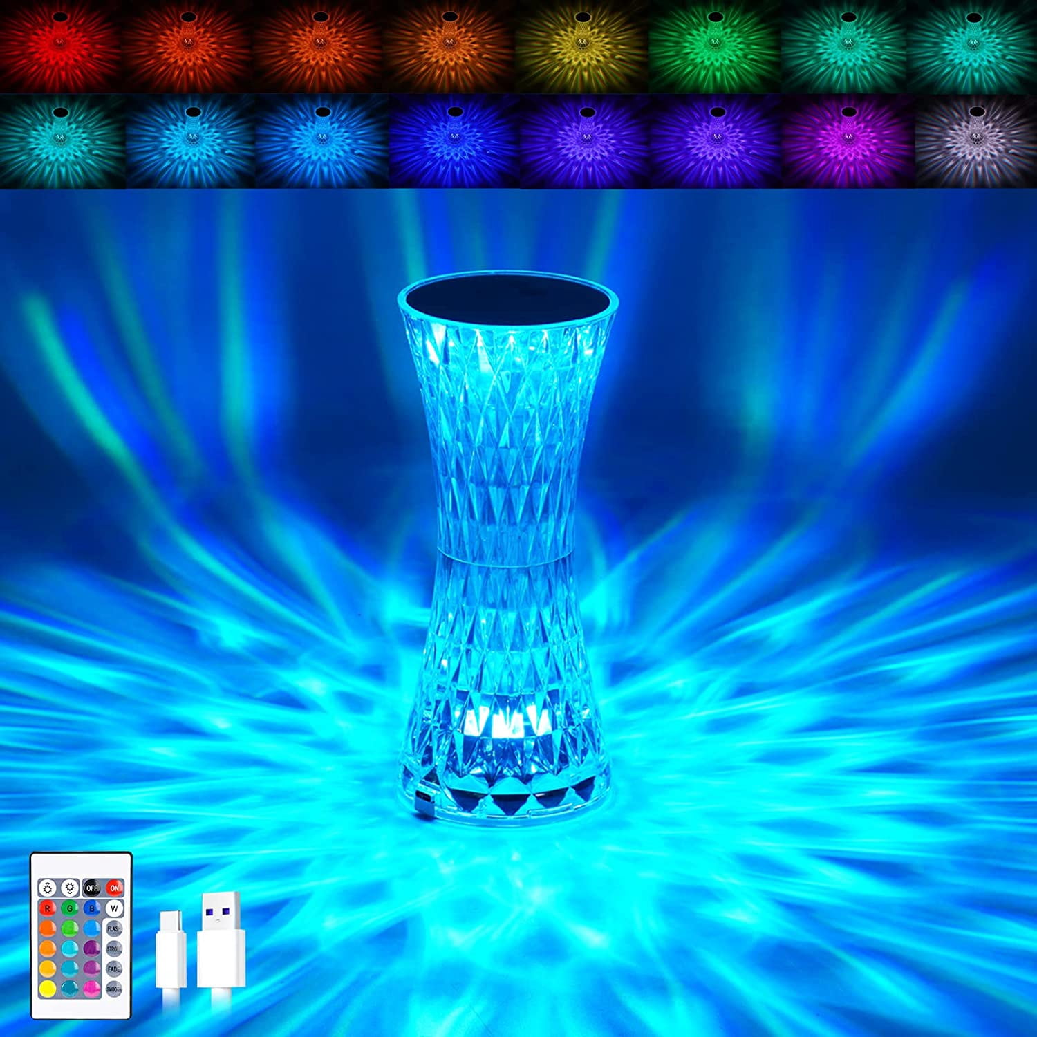 ShenMo Crystal Table Lamp, 16 LED RGB Crystal Light, 6-Level Brightness Adjustable Touch Lamp, Rechargeable Table Lamp with USB Charging Port, Diamond Table Lamp for Living Room, Home, Office, Valentine's Day