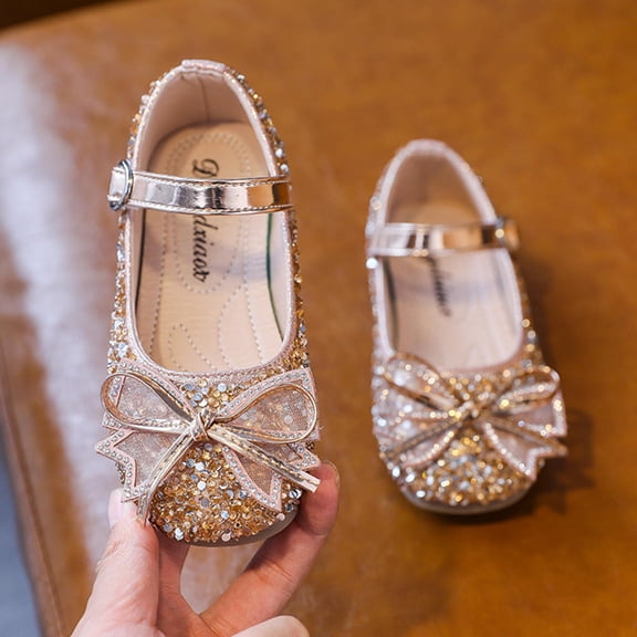 WRITWAA Toddler Girl Dress Shoes with Rhinestone Decoration Comfortable Artificial Wedding Party Golden