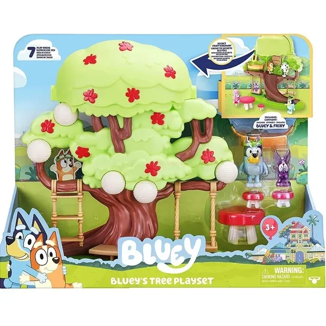 Bluey-Juguetes de casa del árbol para niños y niñas, juguete con ilustración de escena de alce, Bluey autobús escolar de dibujos animados, regalos de vacaciones, 2023