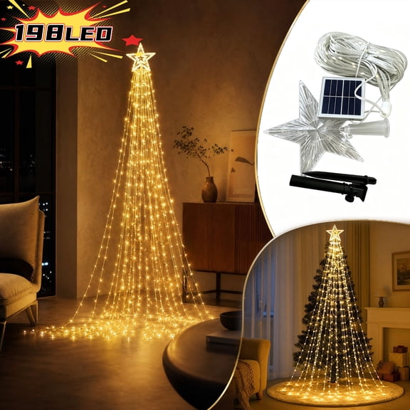 Akmoler Christmas Tree Solar Star String Lights, 6.5FT 198LED Fairy String Lights with Top Star, 8 Modes Waterproof Christmas Decorations for Bedroom, Xmas Tree Indoor Outdoor Holiday Party Decor