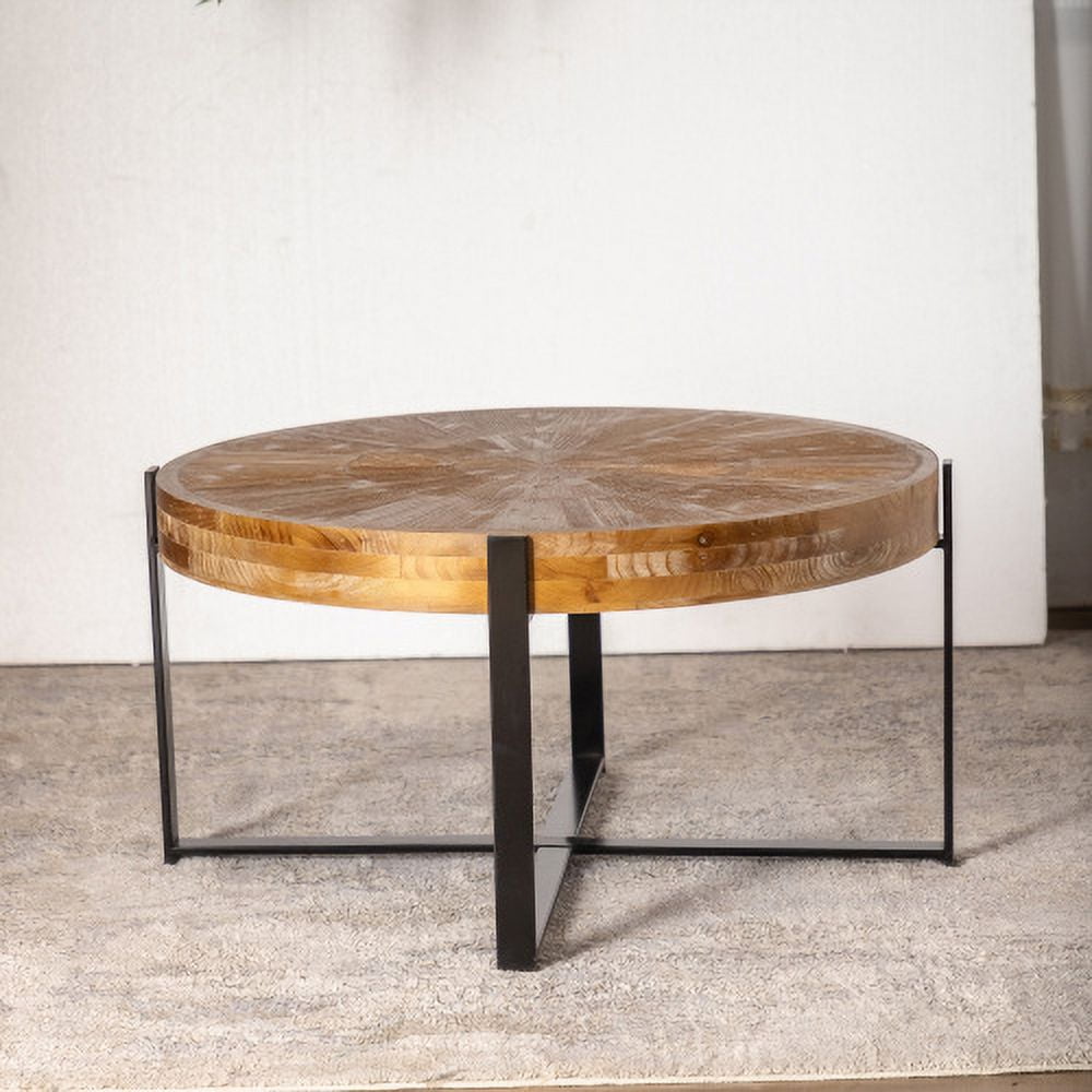 BSHTI 33.46"Retro drawing technology Splicing Round Coffee Table,Fir Wood Table Top with Black Cross Legs Base