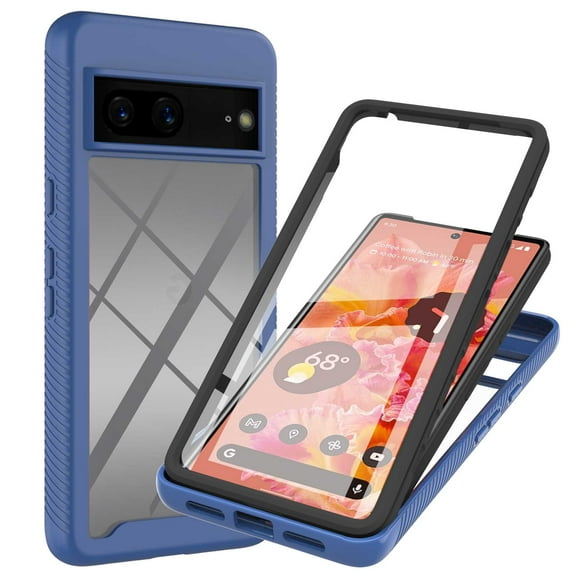 for Google Pixel 7 6.3 inch Case with PET Front Film,Drop Protection Hybrid 3-in-1 Rugged Clear Anti-yellowing Slim Full Body Protection Phone Case Support Wireless Charging,Blue