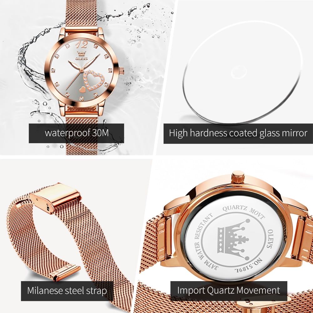 OLEVS Rose Gold Watches for Women Fashion Dress Elegant Luxury Womens Watches Japanese Analog Quartz Diamond Waterproof Luminous Ladies Watches Bracelet Gifts Set Reloj para Mujer