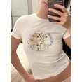 thumbnail image 5 of Michellecmm Women's Summer Casual Crop Tops White Short Sleeve Crewneck Cat Print Short T-shirt, 5 of 7