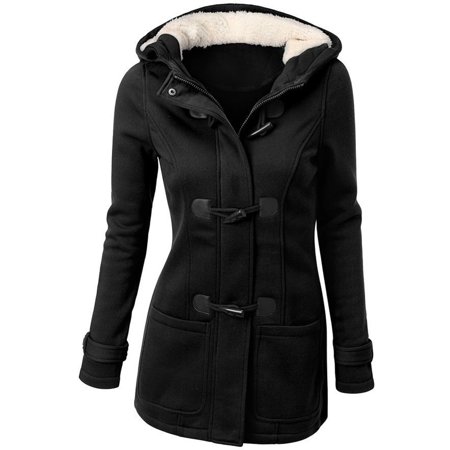Wool Coat With Leather Sleeves Women's Spring Autumn Overcoat Full Sleeve Hooded Horns Buckle Outwear Thickening Wool Jacket ()