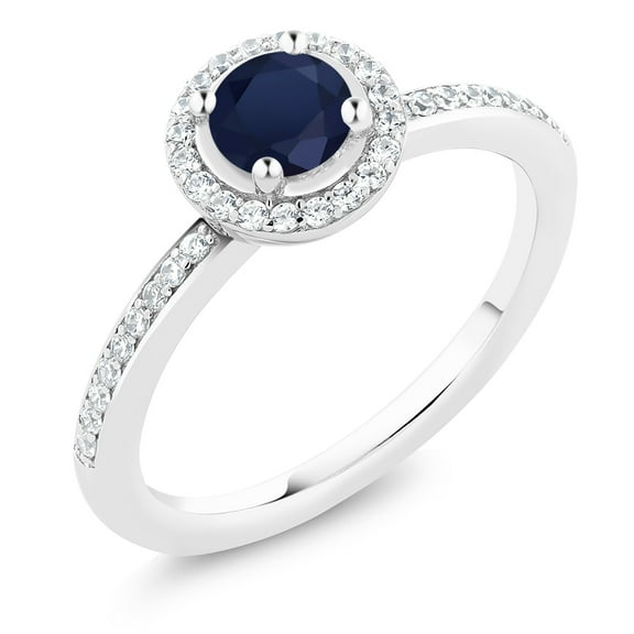 Gem Stone King 925 Sterling Silver Blue Sapphire Engagement Ring for Women | 0.79 Cttw | Round 5MM | Gemstone Birthstone | Wedding Engagement Anniversary Promise Ring for Women | Size 5