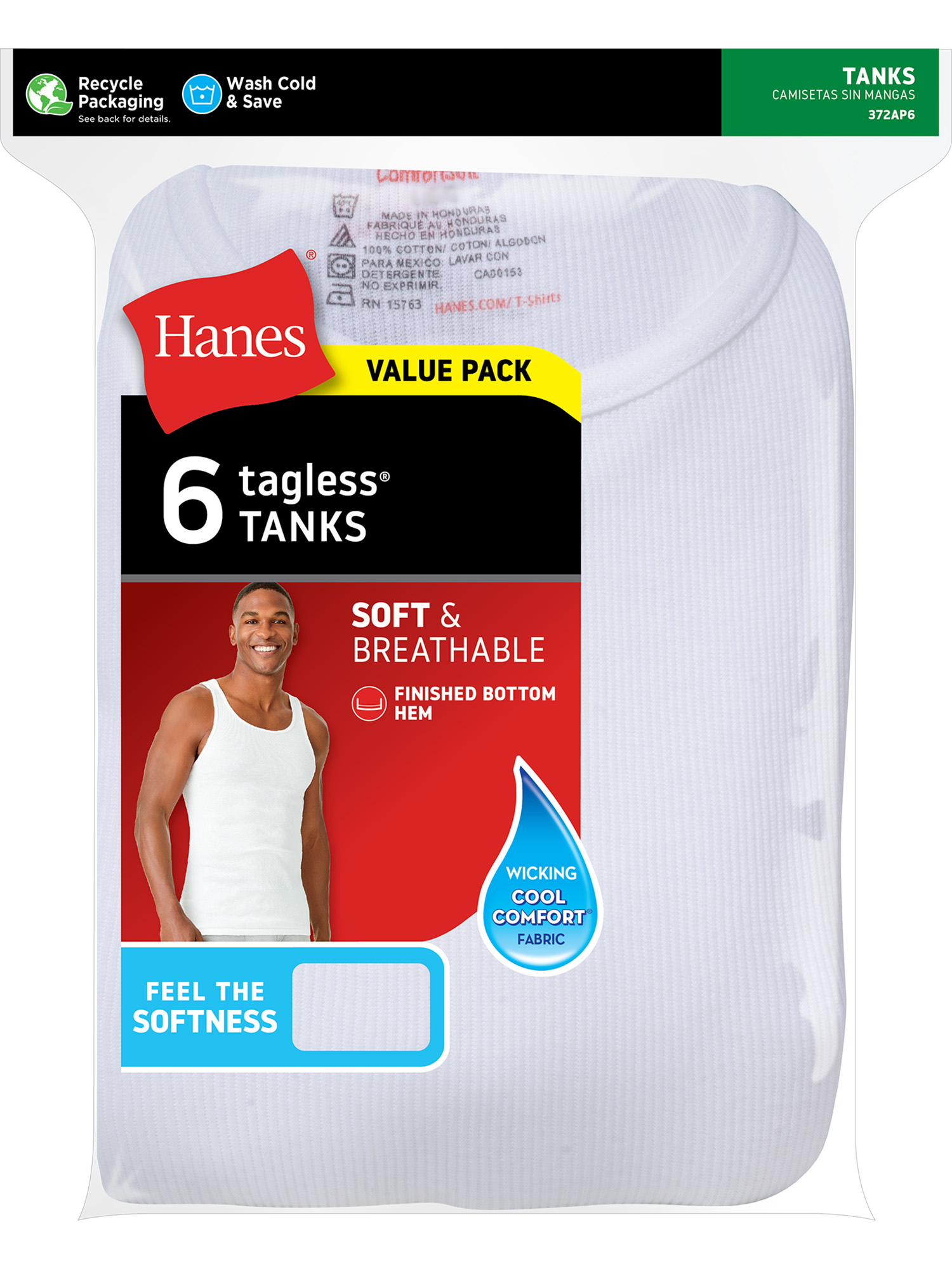 Hanes Men's Tank Top Undershirt Pack in White, Ribbed Moisture-Wicking Cotton, 6-Pack - image 3 of 10
