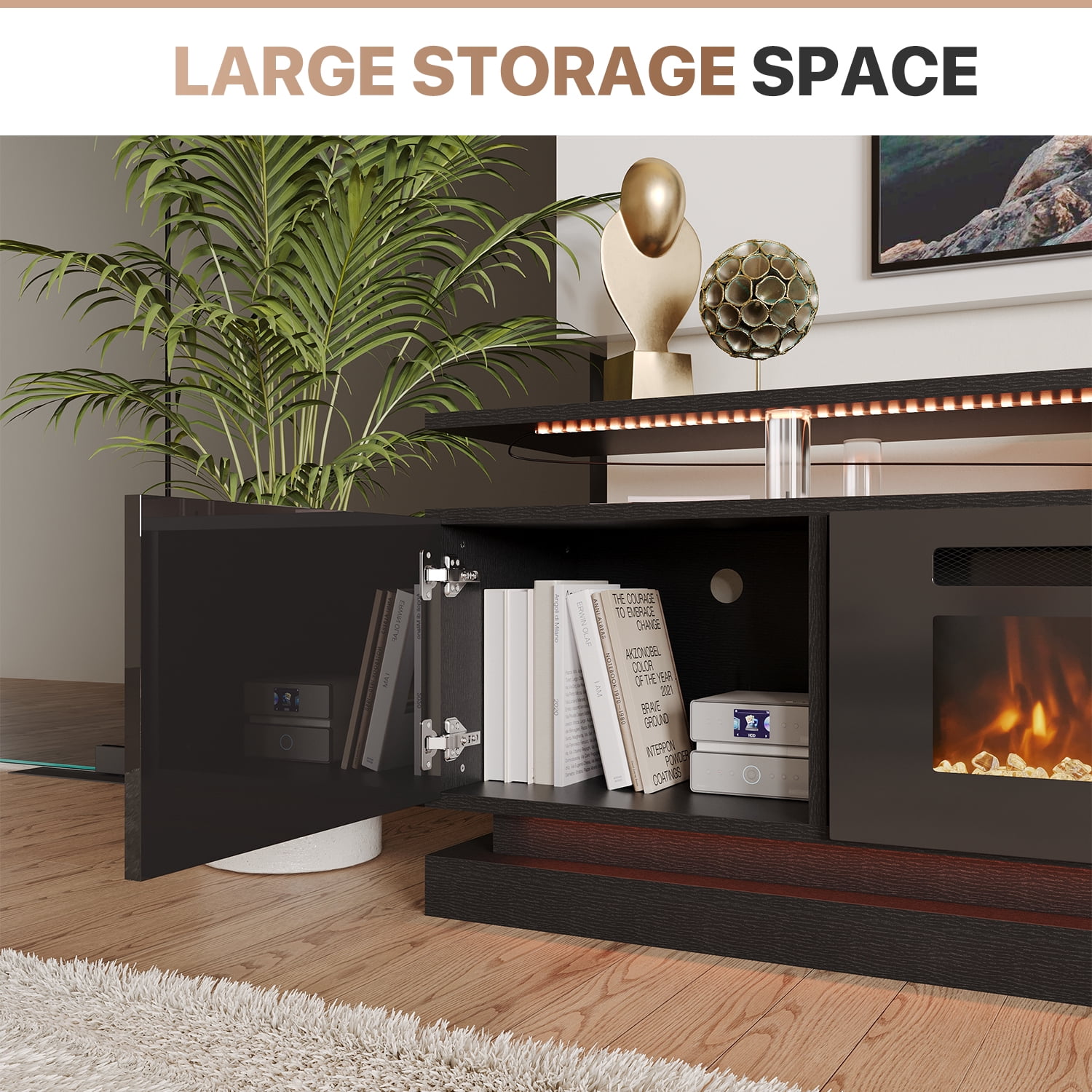 Sonegra Modern Fireplace TV Stand for TVs Up to 80" with Music Sync LED, 70" Entertainment Center with Electric Fireplace, TV Console with Storage Cabinets for Living Room, Black